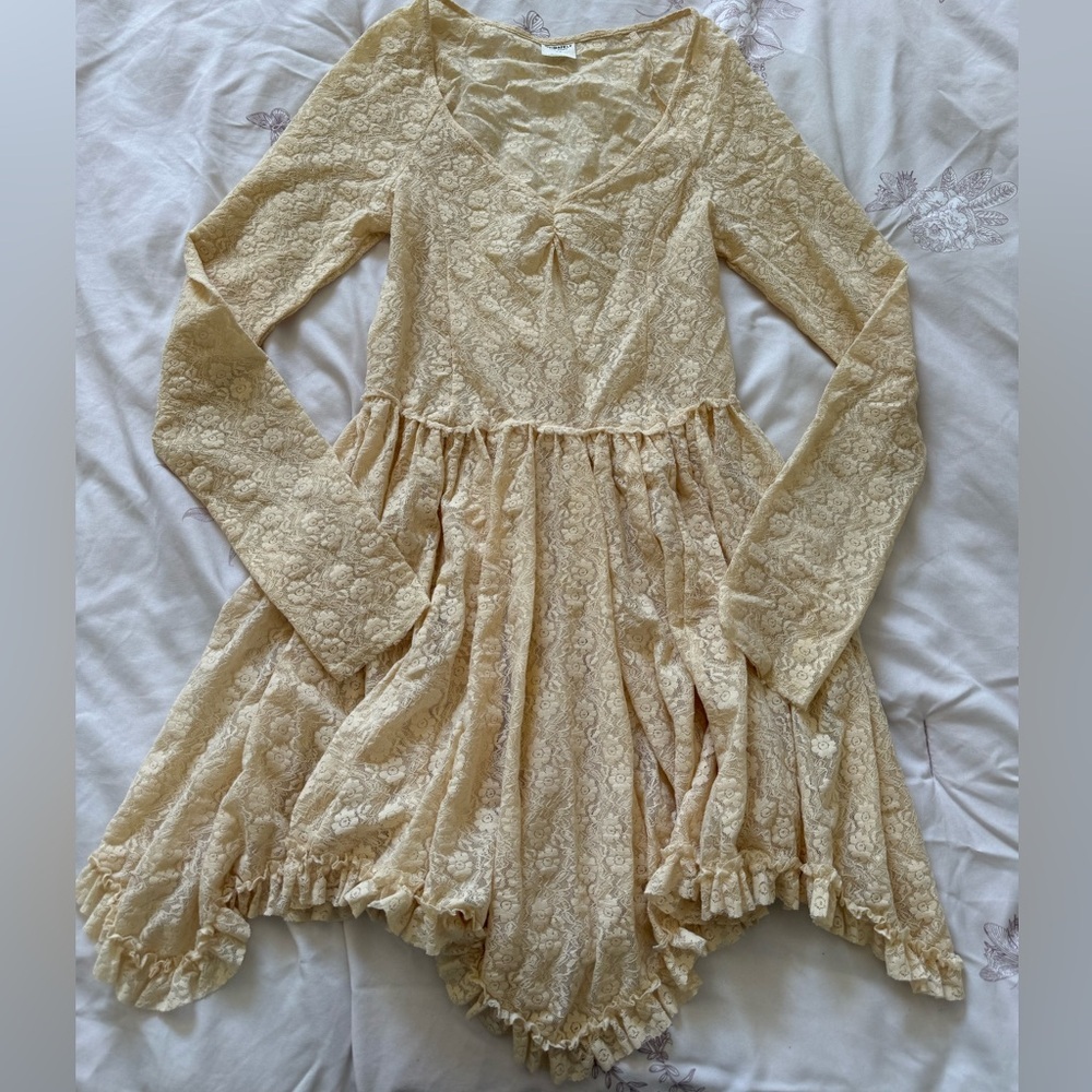 Free People | Intimately Ivory Lace Long Sleeve Mini Dress - S - Picture 3 of 5